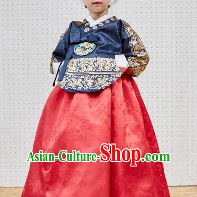 Traditional Korean National Handmade Formal Occasions Girls Clothing Palace Hanbok Costume Embroidered Navy Blouse and Red Dress for Kids