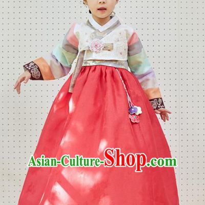 Traditional Korean National Handmade Formal Occasions Girls Clothing Palace Hanbok Costume Embroidered White Blouse and Red Dress for Kids