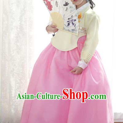 Traditional Korean National Handmade Formal Occasions Girls Clothing Palace Hanbok Costume Embroidered Yellow Blouse and Pink Dress for Kids