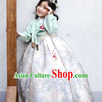 Traditional Korean National Handmade Formal Occasions Girls Clothing Palace Hanbok Costume Embroidered Green Blouse and White Dress for Kids