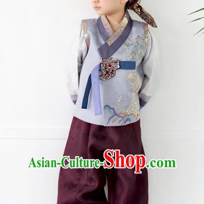 Asian Korean National Traditional Handmade Formal Occasions Boys Embroidery Grey Blue Vest Hanbok Costume Complete Set for Kids