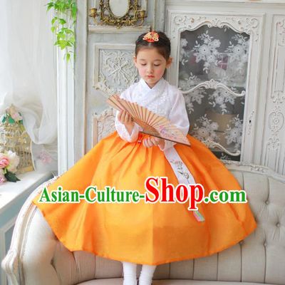 Traditional Korean National Handmade Formal Occasions Girls Clothing Palace Hanbok Costume Embroidered White Blouse and Yellow Dress for Kids