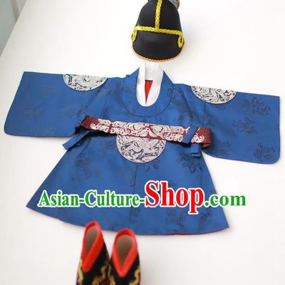 Asian Korean National Traditional Handmade Formal Occasions Boys Embroidery Blue Robe Hanbok Costume for Kids