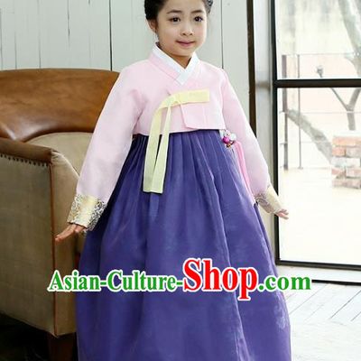 Korean National Handmade Formal Occasions Girls Clothing Palace Hanbok Costume Embroidered Pink Blouse and Purple Dress for Kids