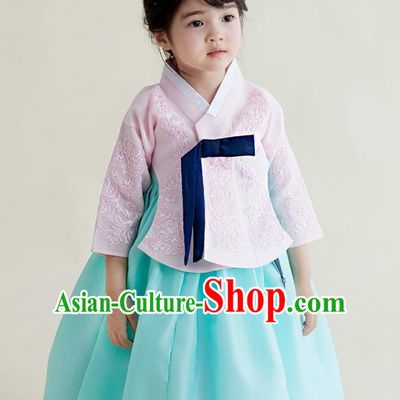 Korean National Handmade Formal Occasions Girls Clothing Palace Hanbok Costume Embroidered Pink Blouse and Blue Dress for Kids