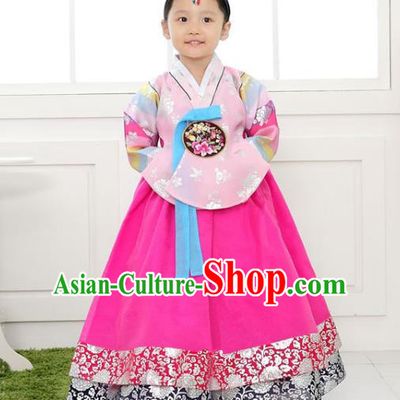 Traditional Korean National Handmade Formal Occasions Girls Clothing Palace Hanbok Costume Embroidered Pink Blouse and Rosy Dress for Kids