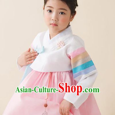 Traditional Korean National Handmade Formal Occasions Girls Clothing Palace Hanbok Costume Embroidered White Blouse and Pink Dress for Kids