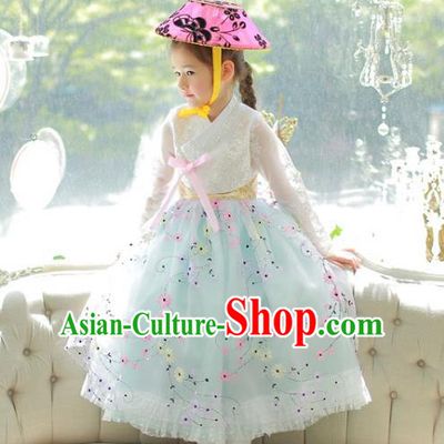 Traditional Korean National Handmade Formal Occasions Girls Palace Hanbok Costume Embroidered White Lace Blouse and Green Dress for Kids
