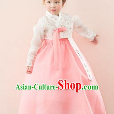 Traditional Korean National Handmade Formal Occasions Girls Palace Hanbok Costume Embroidered White Blouse and Pink Dress for Kids