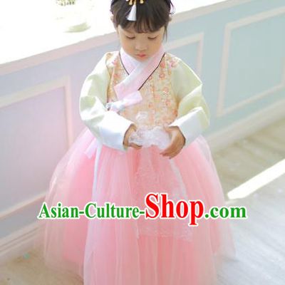Traditional Korean National Handmade Formal Occasions Girls Palace Hanbok Costume Embroidered Beige Blouse and Pink Dress for Kids