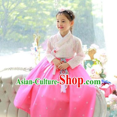 Traditional Korean National Handmade Formal Occasions Girls Palace Hanbok Costume Embroidered Pink Lace Blouse and Dress for Kids
