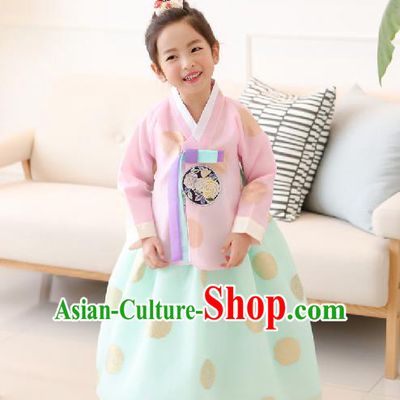 Traditional Korean National Handmade Formal Occasions Girls Clothing Palace Hanbok Costume Embroidered Pink Blouse and Green Dress for Kids