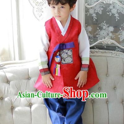 Asian Korean National Traditional Handmade Formal Occasions Boys Embroidered Red Vest Hanbok Costume Complete Set for Kids