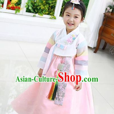 Traditional Korean National Handmade Formal Occasions Girls Clothing Palace Hanbok Costume Embroidered White Blouse and Pink Dress for Kids