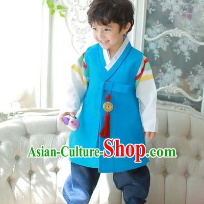 Asian Korean National Traditional Handmade Formal Occasions Boys Embroidered Blue Vest Hanbok Costume Complete Set for Kids