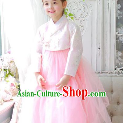Traditional Korean National Handmade Formal Occasions Girls Palace Hanbok Costume Embroidered Pink Blouse and Dress for Kids