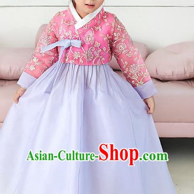 Traditional Korean National Handmade Formal Occasions Girls Palace Hanbok Costume Embroidered Red Blouse and Purple Dress for Kids
