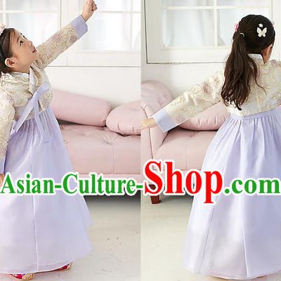 Traditional Korean National Handmade Formal Occasions Girls Palace Hanbok Costume Embroidered Yellow Blouse and Purple Dress for Kids