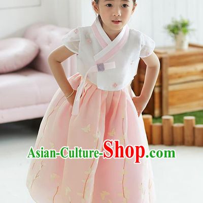 Traditional Korean National Handmade Formal Occasions Girls Palace Hanbok Costume Embroidered White Blouse and Pink Dress for Kids