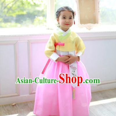 Traditional Korean National Handmade Formal Occasions Girls Clothing Palace Hanbok Costume Embroidered Yellow Blouse and Pink Dress for Kids