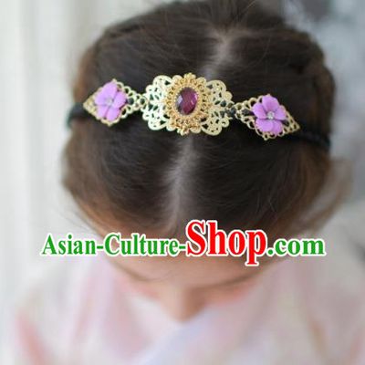 Korean National Bride Hair Accessories Purple Crystal Hair Clasp, Asian Korean Hanbok Palace Headband Headwear for Kids