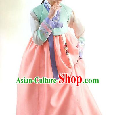 Top Grade Korean National Handmade Wedding Palace Bride Hanbok Costume Embroidered Green Blouse and Orange Dress for Women
