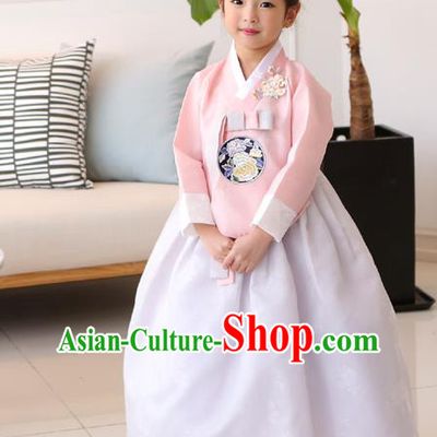 Traditional Korean National Handmade Formal Occasions Girls Clothing Palace Hanbok Costume Embroidered Pink Blouse and White Dress for Kids