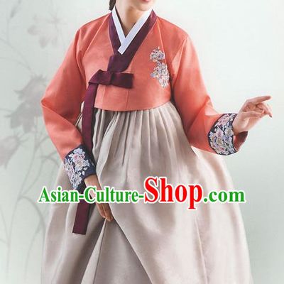 Top Grade Korean National Handmade Wedding Palace Bride Hanbok Costume Embroidered Orange Blouse and Grey Dress for Women