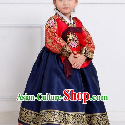 Top Grade Korean National Handmade Wedding Palace Girls Hanbok Costume Embroidered Red Blouse and Navy Dress for Kids