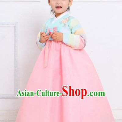 Top Grade Korean National Handmade Wedding Palace Bride Hanbok Costume Embroidered Green Blouse and Pink Dress for Kids