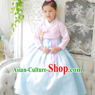 Traditional Korean National Handmade Formal Occasions Girls Clothing Palace Hanbok Costume Embroidered Pink Blouse and Blue Dress for Kids