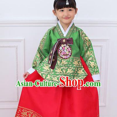 Top Grade Korean National Handmade Wedding Palace Bride Hanbok Costume Embroidered Green Blouse and Red Dress for Kids