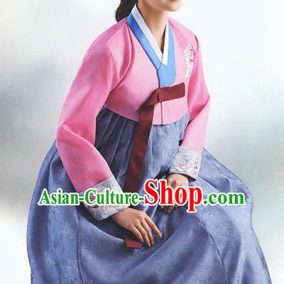 Top Grade Korean National Handmade Wedding Palace Bride Hanbok Costume Embroidered Pink Blouse and Purple Dress for Women