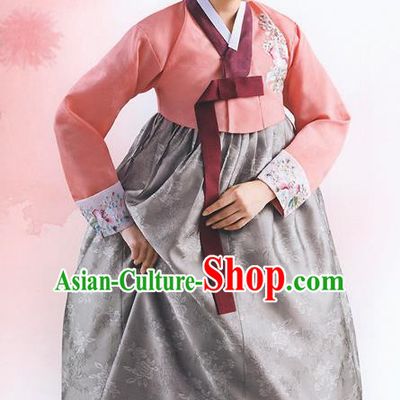 Top Grade Korean National Handmade Wedding Palace Bride Hanbok Costume Embroidered Orange Blouse and Grey Dress for Women