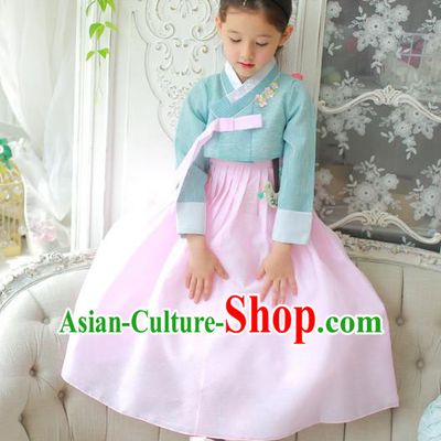 Traditional Korean National Handmade Formal Occasions Girls Clothing Palace Hanbok Costume Embroidered Green Blouse and Pink Dress for Kids