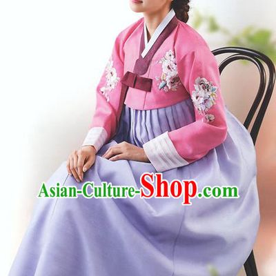 Top Grade Korean National Handmade Wedding Palace Bride Hanbok Costume Embroidered Pink Blouse and Purple Dress for Women