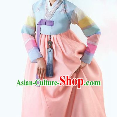 Top Grade Korean National Handmade Wedding Palace Bride Hanbok Costume Embroidered Blue Blouse and Orange Dress for Women