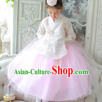 Traditional Korean National Handmade Formal Occasions Girls Clothing Palace Hanbok Costume Embroidered White Lace Blouse and Pink Dress for Kids