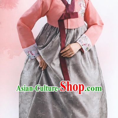 Top Grade Korean National Handmade Wedding Palace Bride Hanbok Costume Embroidered Orange Blouse and Grey Dress for Women