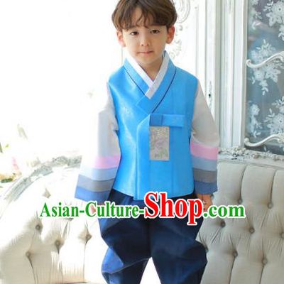 Asian Korean National Traditional Handmade Formal Occasions Boys Embroidery Blue Vest Hanbok Costume Complete Set for Kids