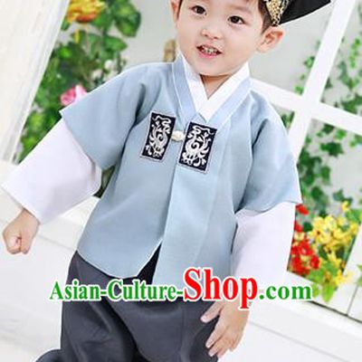 Asian Korean National Traditional Handmade Formal Occasions Boys Embroidery Blue Vest Hanbok Costume Complete Set for Kids