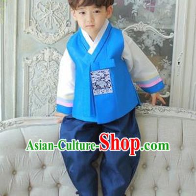 Asian Korean National Traditional Handmade Formal Occasions Boys Embroidery Blue Vest Hanbok Costume Complete Set for Kids