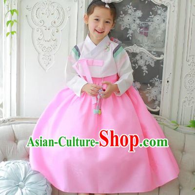 Traditional Korean National Handmade Formal Occasions Girls Clothing Palace Hanbok Costume Embroidered White Blouse and Pink Dress for Kids