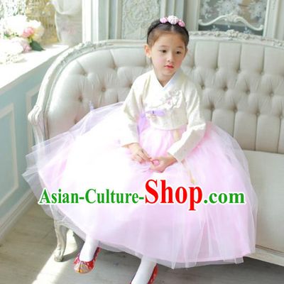 Traditional Korean National Handmade Formal Occasions Girls Clothing Palace Hanbok Costume Embroidered White Blouse and Pink Veil Dress for Kids