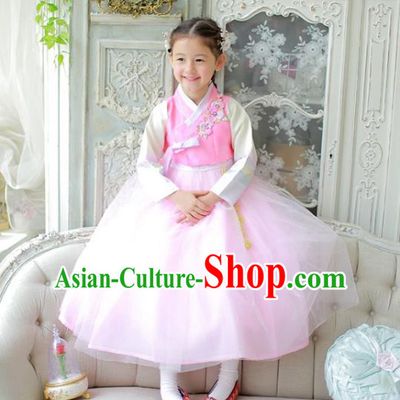 Traditional Korean National Handmade Formal Occasions Girls Clothing Palace Hanbok Costume Embroidered Pink Blouse and Veil Dress for Kids