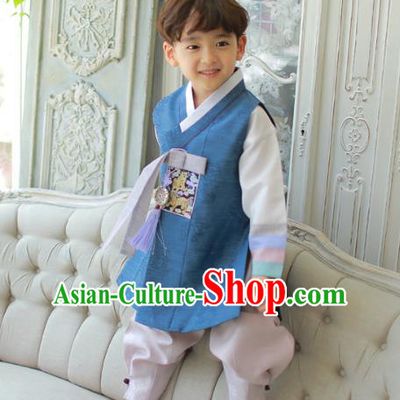Asian Korean National Traditional Handmade Formal Occasions Boys Embroidery Deep Blue Vest Hanbok Costume Complete Set for Kids