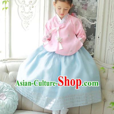 Traditional Korean National Handmade Formal Occasions Girls Clothing Palace Hanbok Costume Embroidered Pink Blouse and Blue Dress for Kids