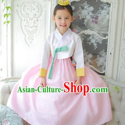Traditional Korean National Handmade Formal Occasions Girls Clothing Palace Hanbok Costume Embroidered White Blouse and Pink Dress for Kids