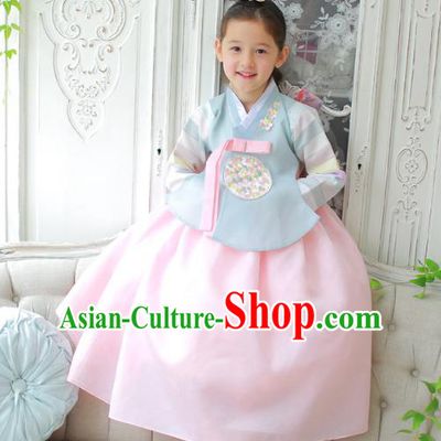 Traditional Korean National Handmade Formal Occasions Girls Clothing Palace Hanbok Costume Embroidered Blue Blouse and Pink Dress for Kids
