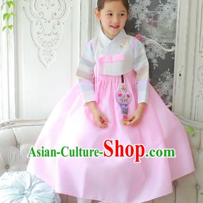 Traditional Korean National Handmade Formal Occasions Girls Clothing Palace Hanbok Costume Embroidered White Blouse and Pink Dress for Kids
